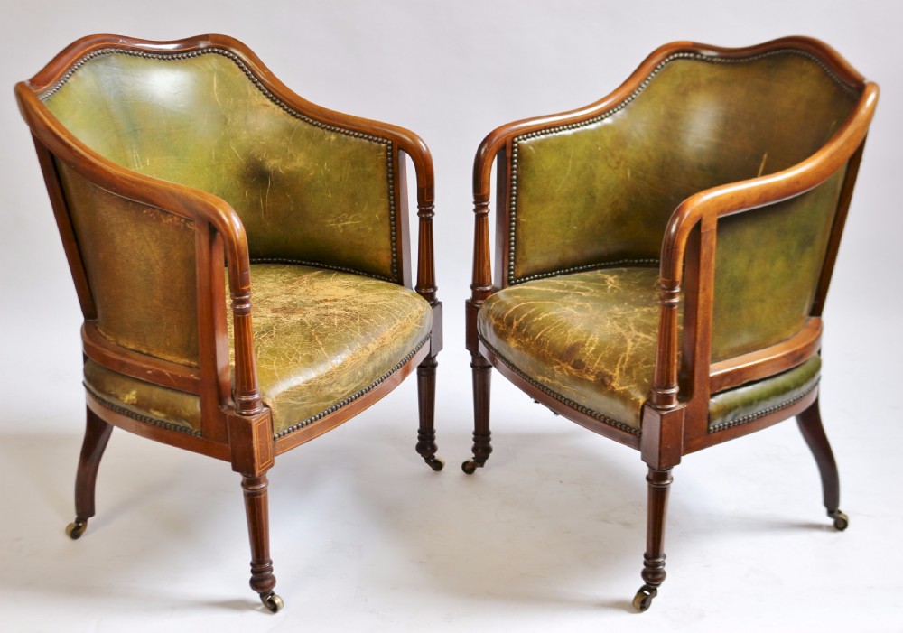 Good Quality Edwardian Inlaid Mahogany Pair of Leather Upholstered Armchairs View II