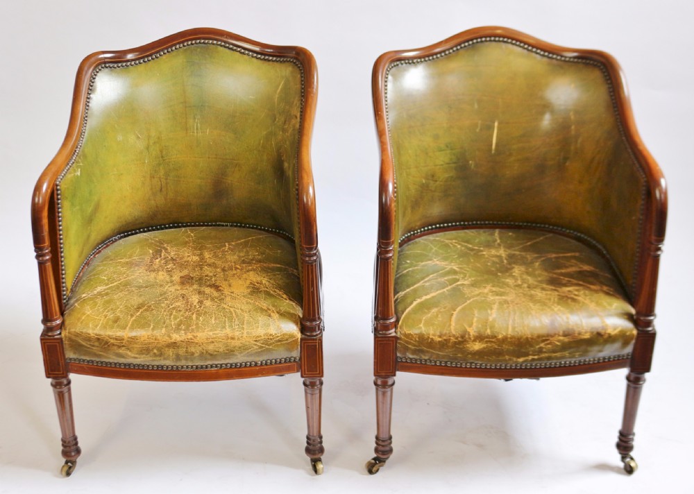 Good Quality Edwardian Inlaid Mahogany Pair of Leather Upholstered Armchairs View III