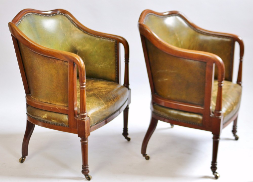 Good Quality Edwardian Inlaid Mahogany Pair of Leather Upholstered Armchairs View IV