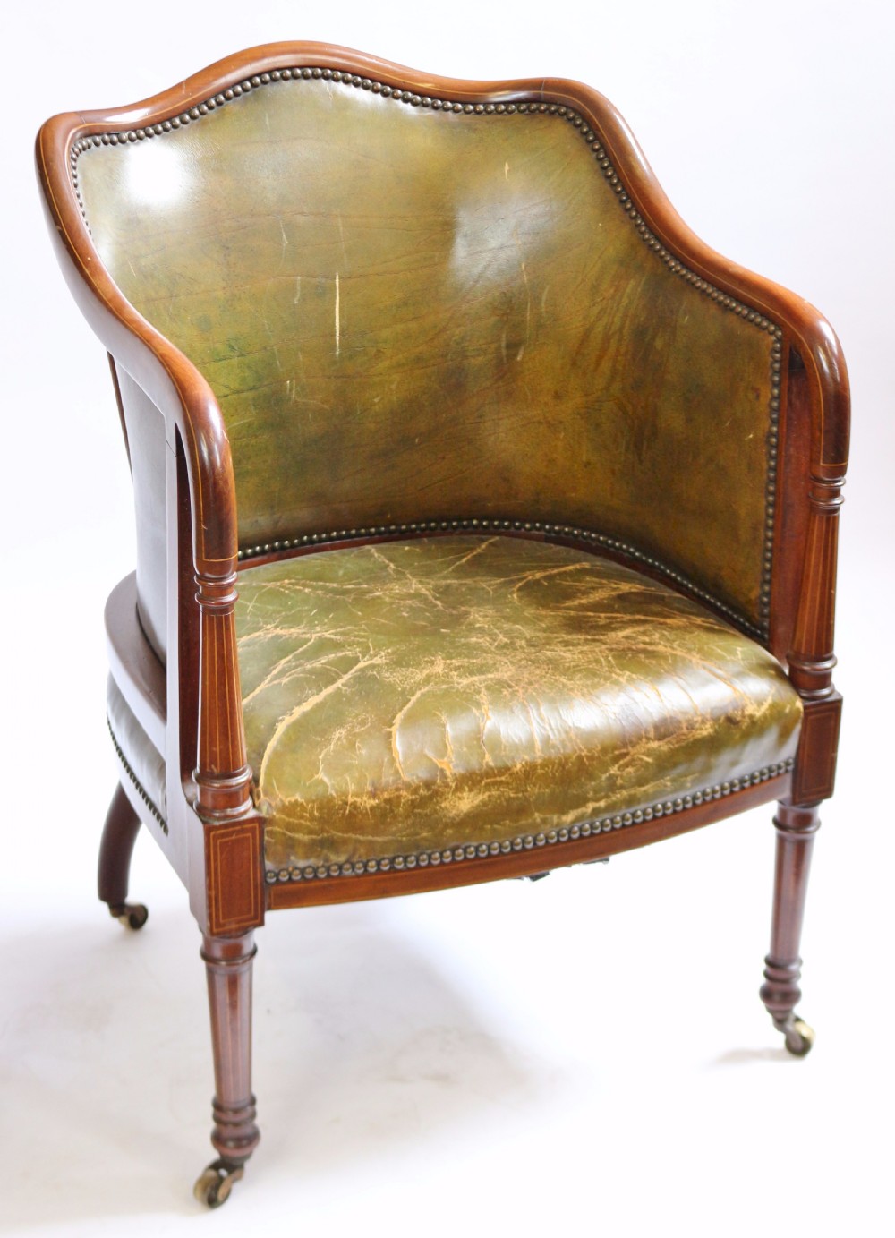 Good Quality Edwardian Inlaid Mahogany Pair of Leather Upholstered Armchairs View VII