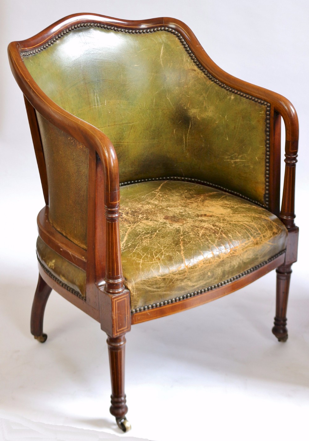 Good Quality Edwardian Inlaid Mahogany Pair of Leather Upholstered Armchairs View VIII