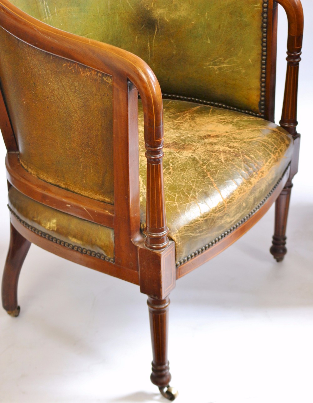 Good Quality Edwardian Inlaid Mahogany Pair of Leather Upholstered Armchairs View IX