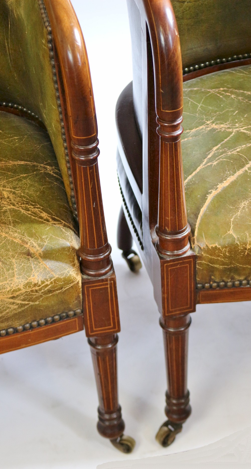 Good Quality Edwardian Inlaid Mahogany Pair of Leather Upholstered Armchairs View X