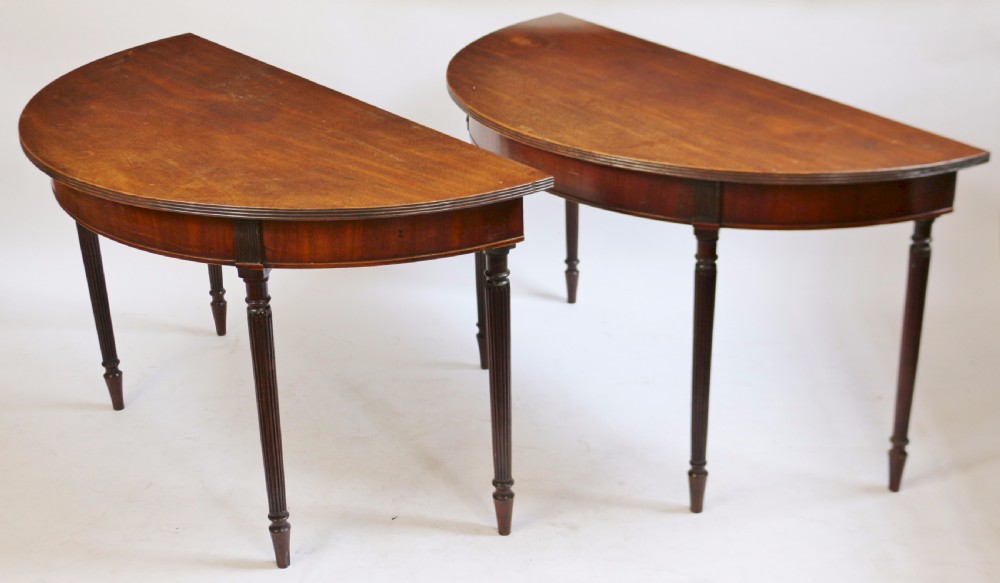 Regency Pair of Mahogany Demi Lune Side Console Tables on Reeded Legs View II