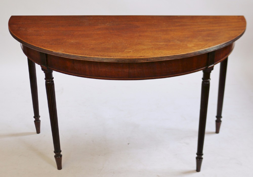 Regency Pair of Mahogany Demi Lune Side Console Tables on Reeded Legs View IV