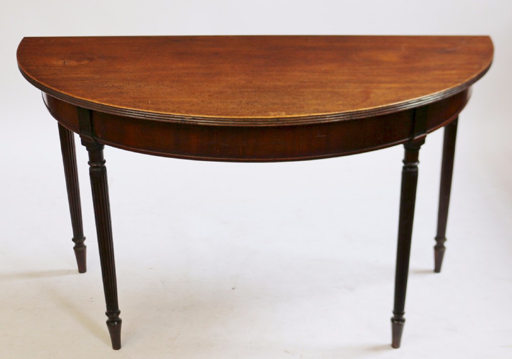 Regency Pair of Mahogany Demi Lune Side Console Tables on Reeded Legs View V