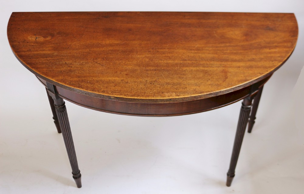 Regency Pair of Mahogany Demi Lune Side Console Tables on Reeded Legs View VI
