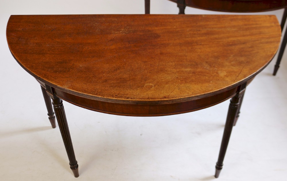 Regency Pair of Mahogany Demi Lune Side Console Tables on Reeded Legs View VII