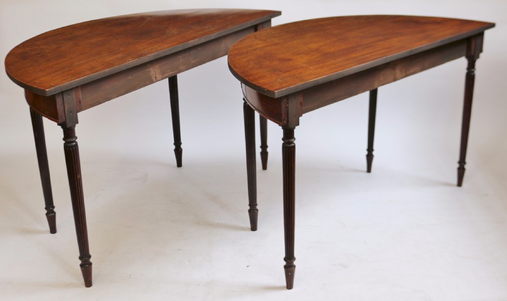 Regency Pair of Mahogany Demi Lune Side Console Tables on Reeded Legs View IX