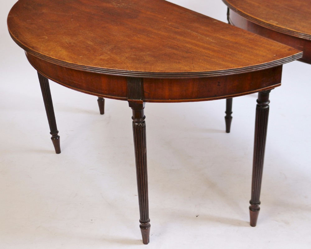 Regency Pair of Mahogany Demi Lune Side Console Tables on Reeded Legs View X