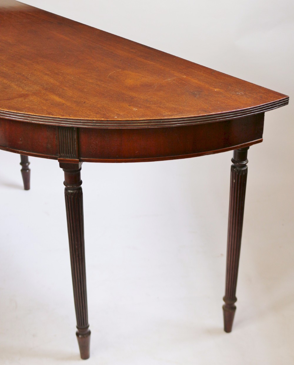 Regency Pair of Mahogany Demi Lune Side Console Tables on Reeded Legs View XI