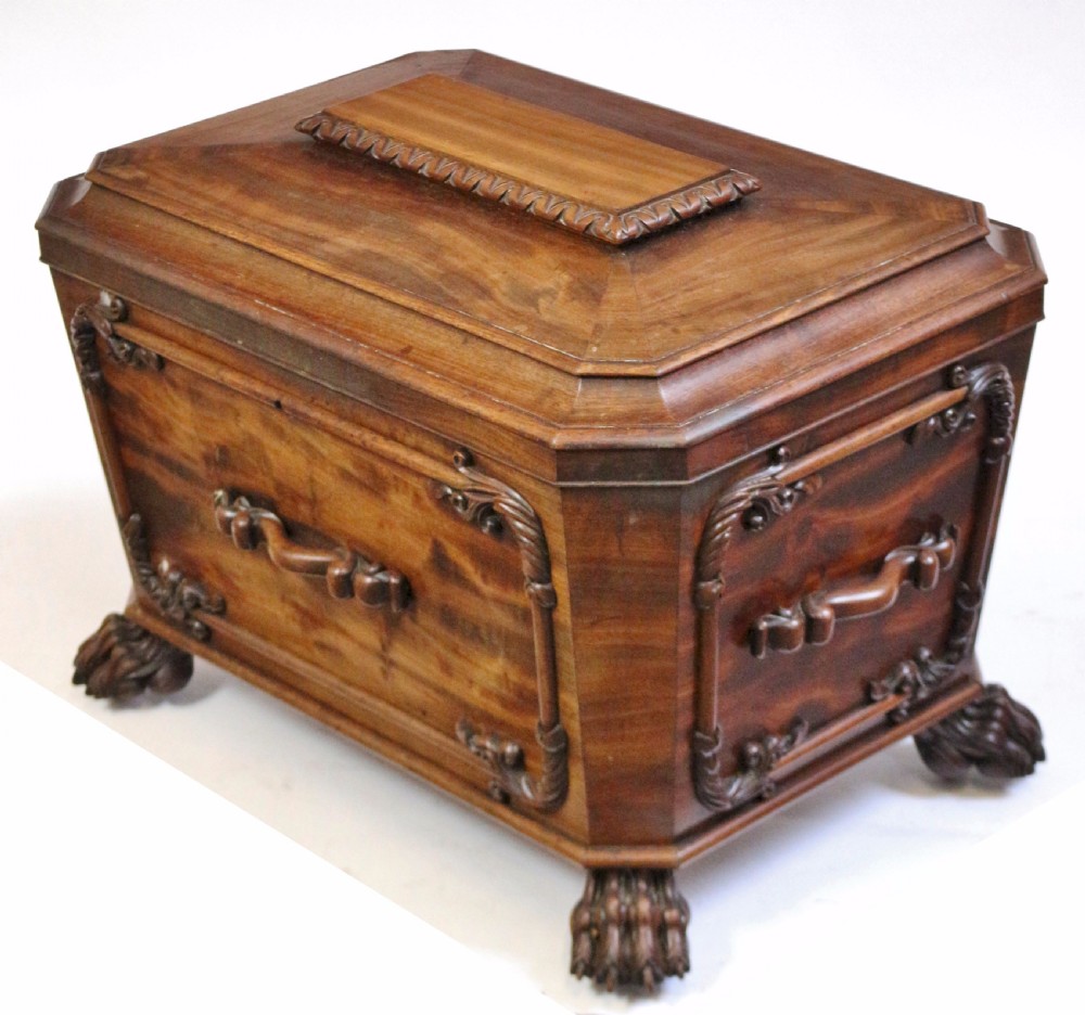 A Fine William 1V Mahogany Sarcophagus Wine Cooler with Carved Decoration View IV