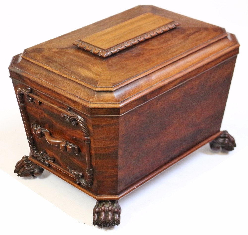 A Fine William 1V Mahogany Sarcophagus Wine Cooler with Carved Decoration View VI