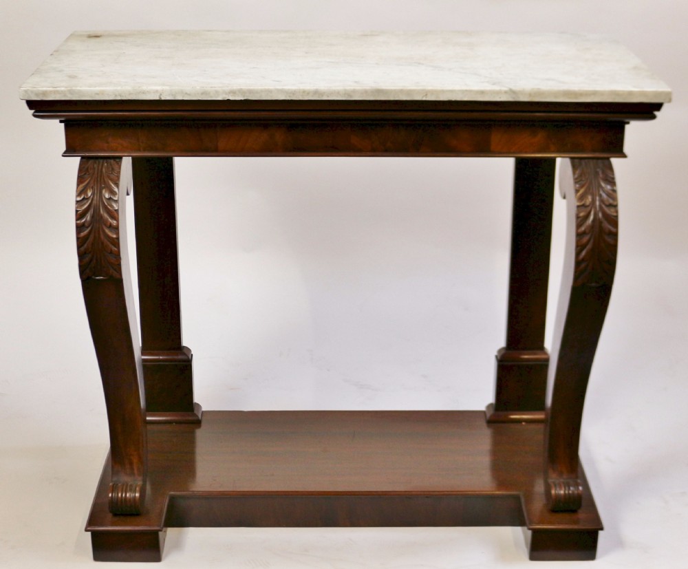 William 1V Mahogany Marble Top Scroll Leg Console Table.