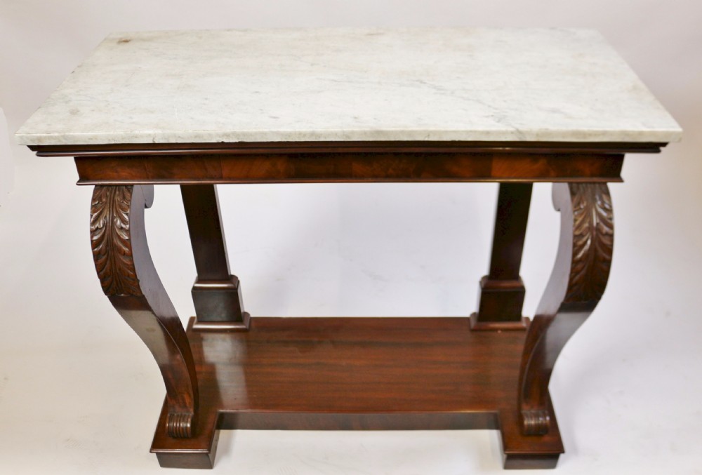 William 1V Mahogany Marble Top Scroll Leg Console Table. View II