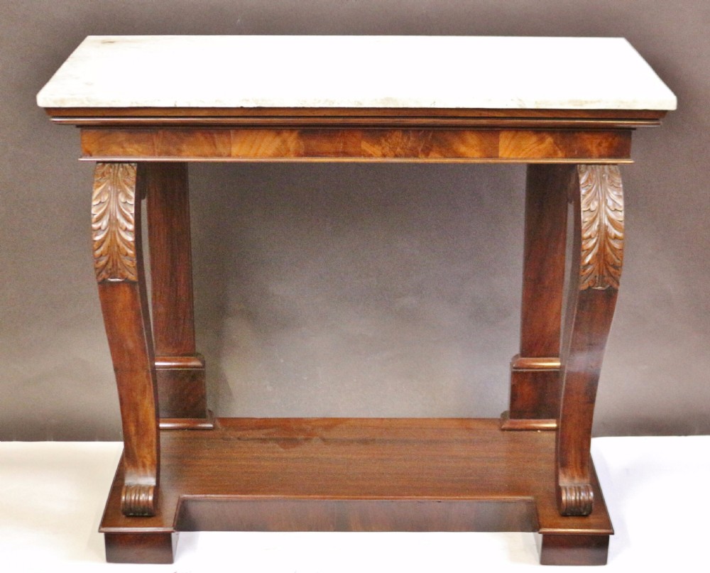 William 1V Mahogany Marble Top Scroll Leg Console Table. View III