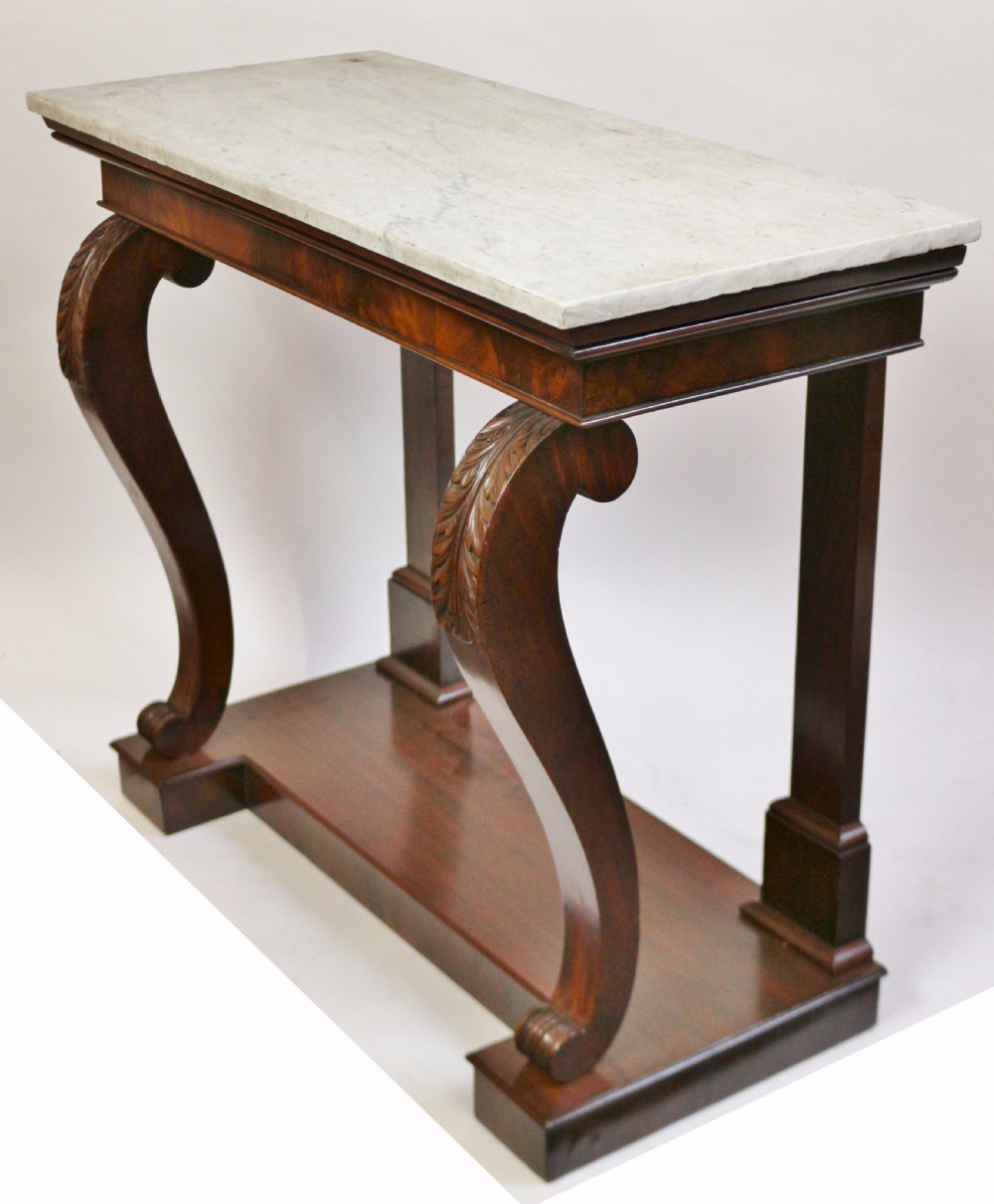 William 1V Mahogany Marble Top Scroll Leg Console Table. View V