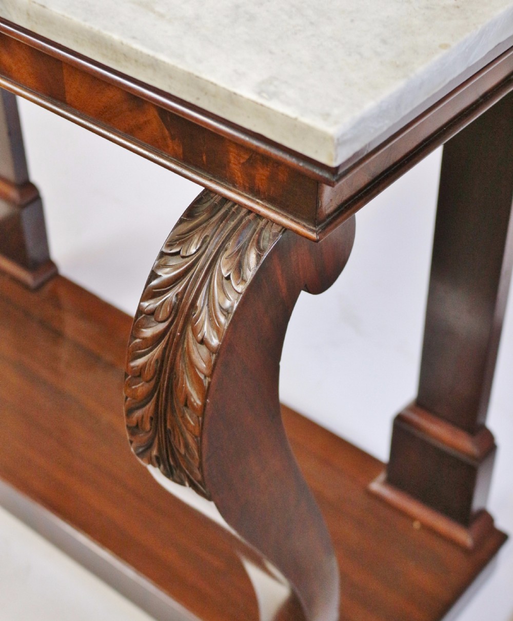 William 1V Mahogany Marble Top Scroll Leg Console Table. View VII