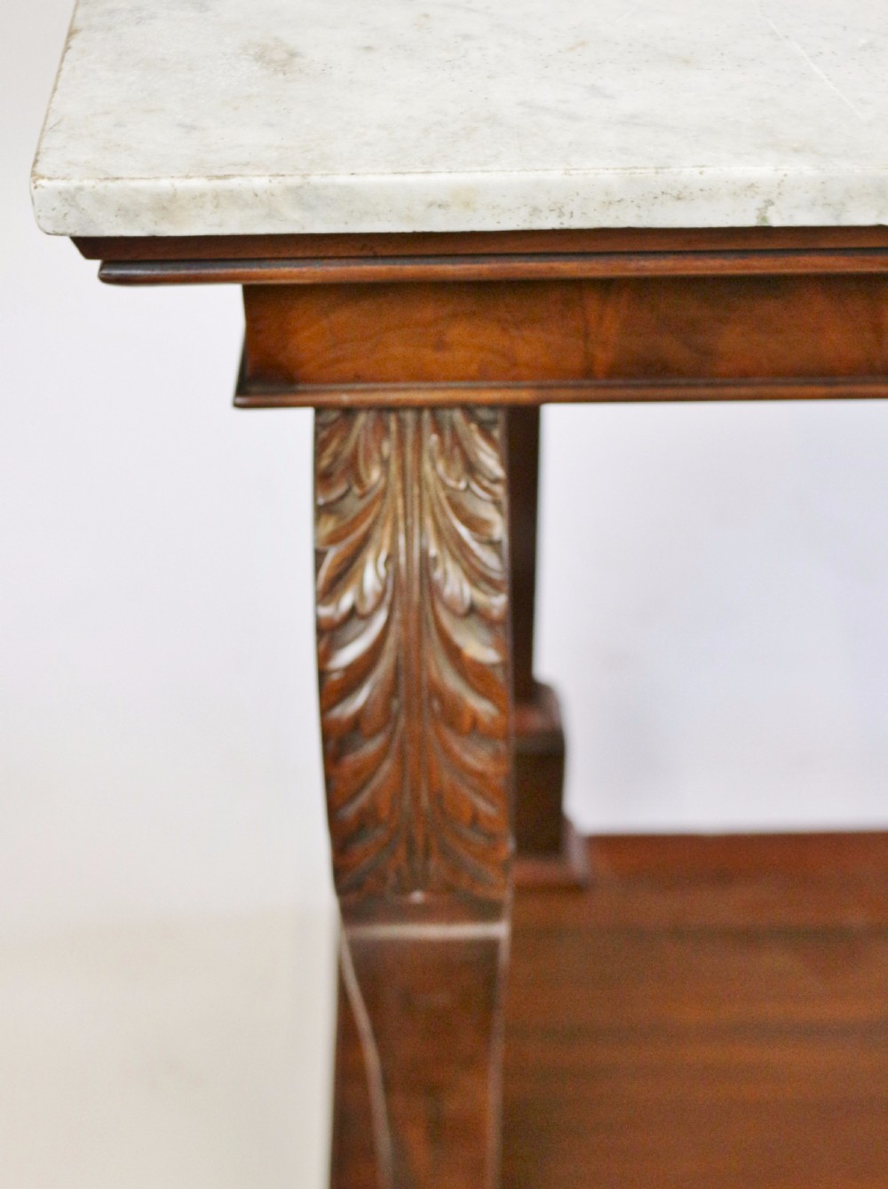 William 1V Mahogany Marble Top Scroll Leg Console Table. View VIII