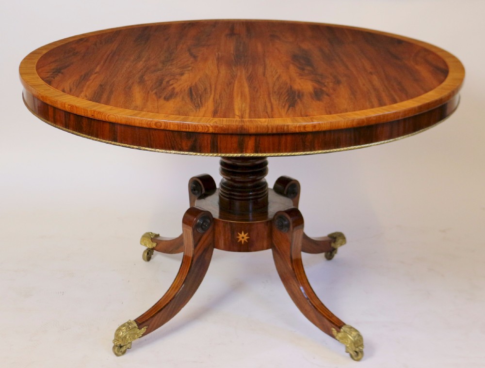 Regency Goncalo Alves Tilt Top Pedestal Round Centre Table