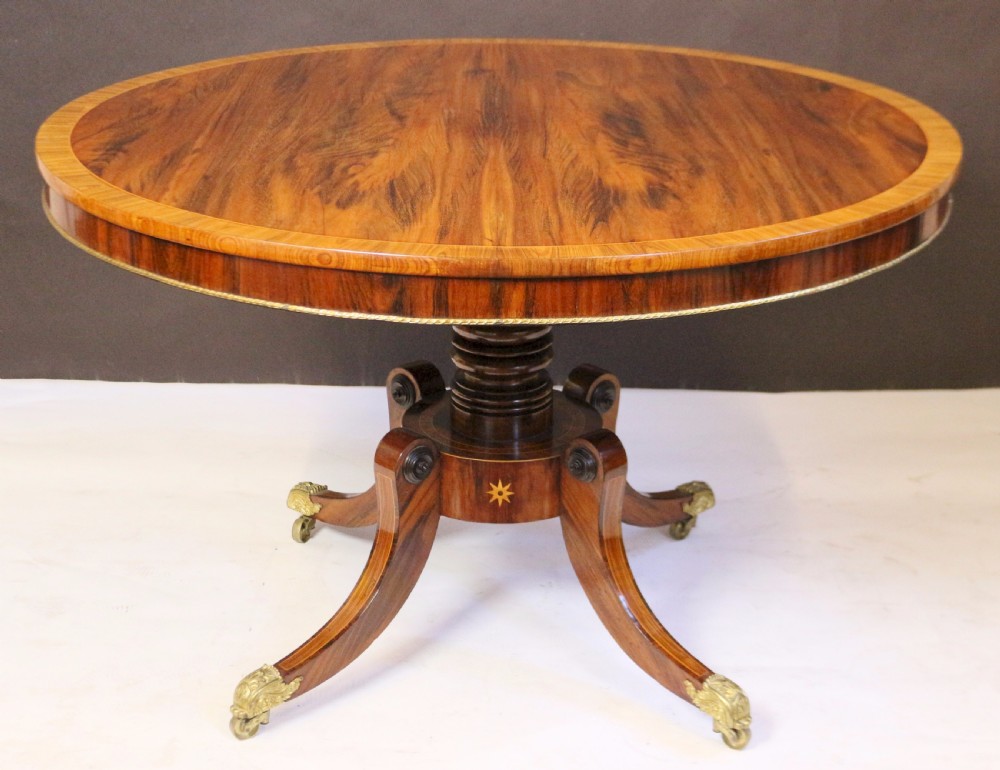 Regency Goncalo Alves Tilt Top Pedestal Round Centre Table View II