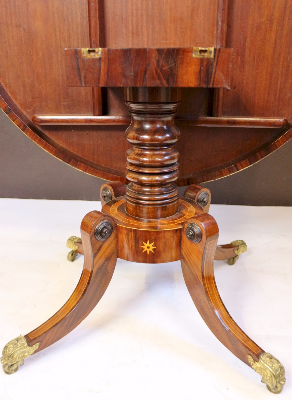 Regency Goncalo Alves Tilt Top Pedestal Round Centre Table View IX