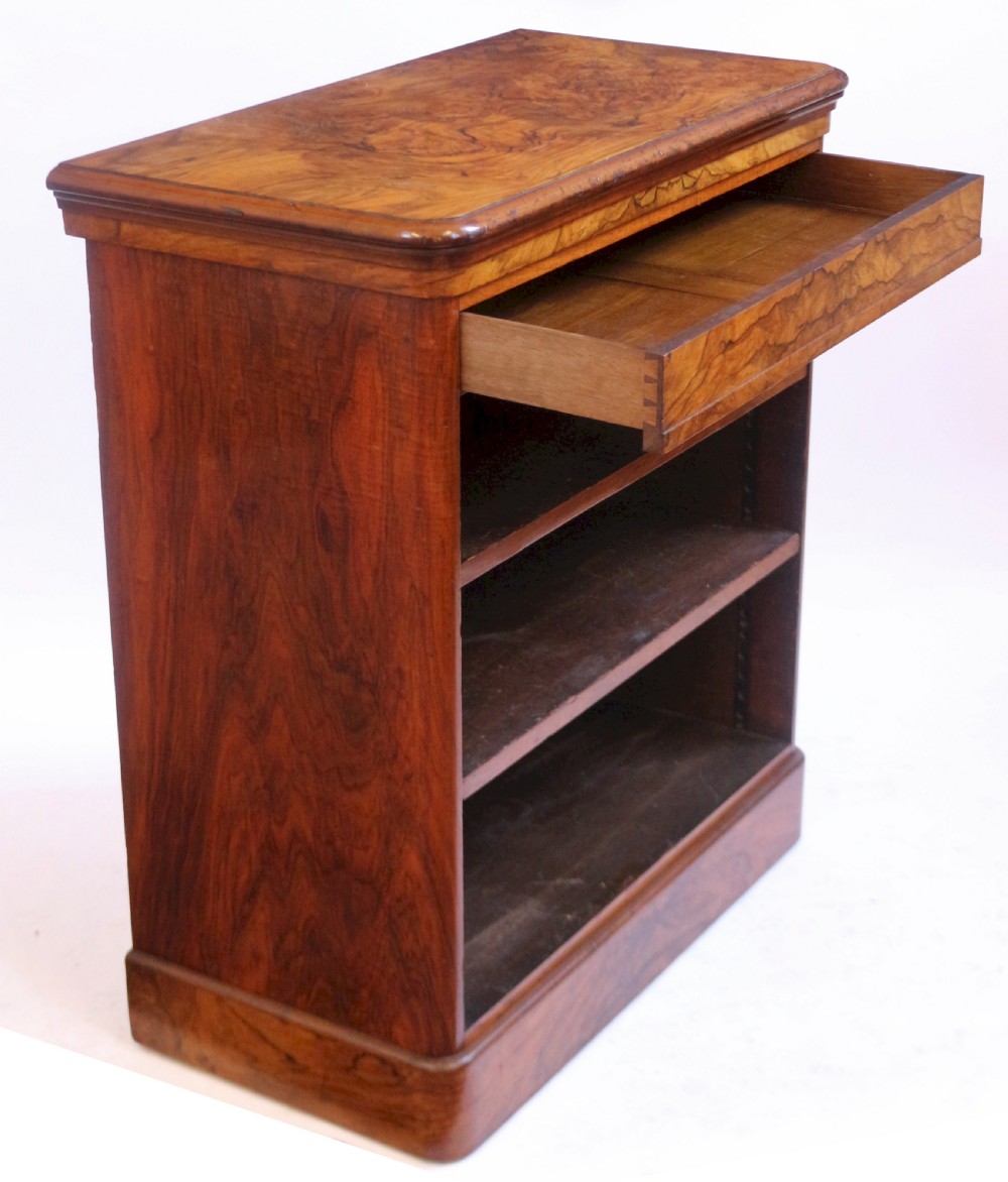 Victorian Figured Walnut Open Bookcase with Drawer View IV