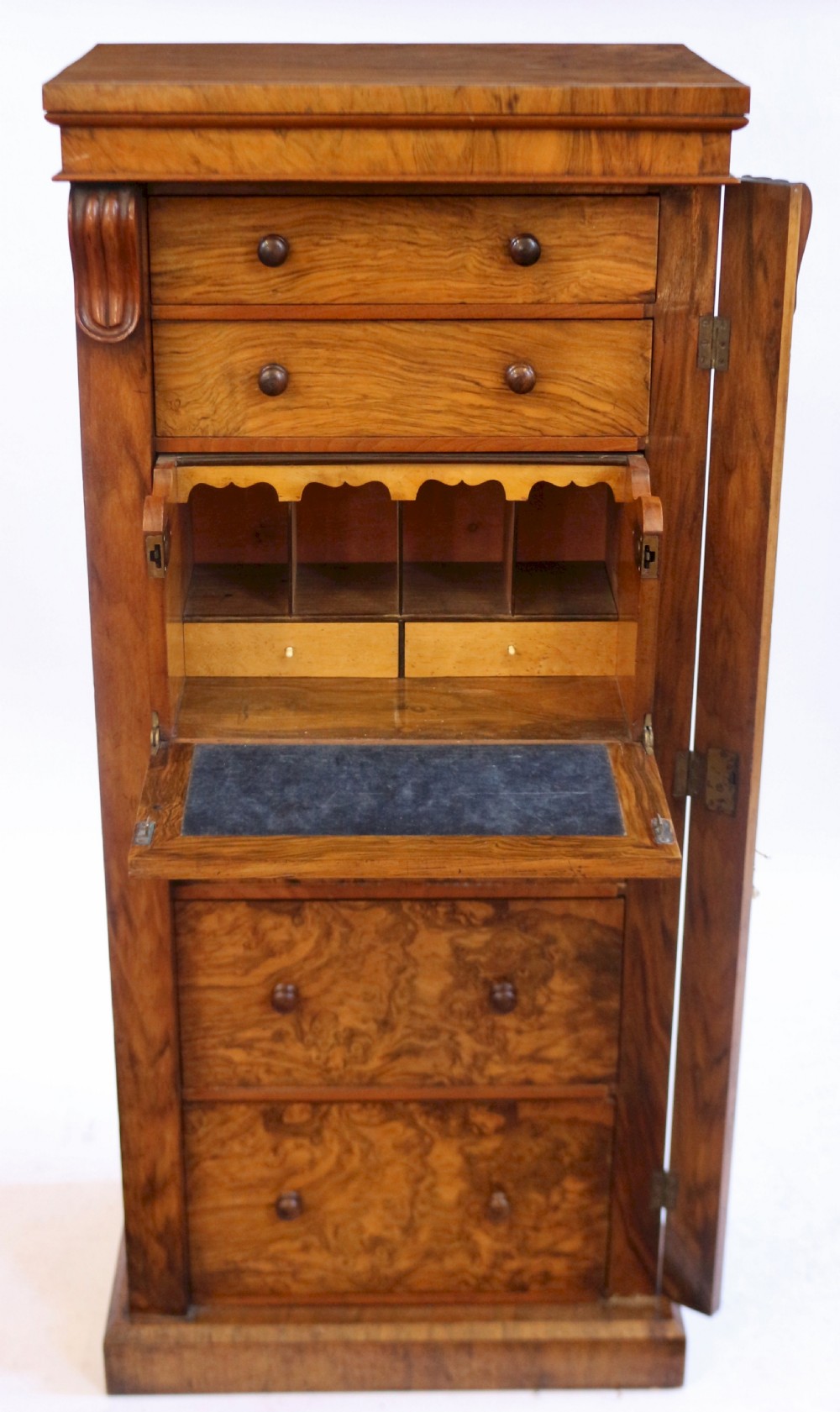 Victorian Figured Walnut Secretaire Wellington Chest View II