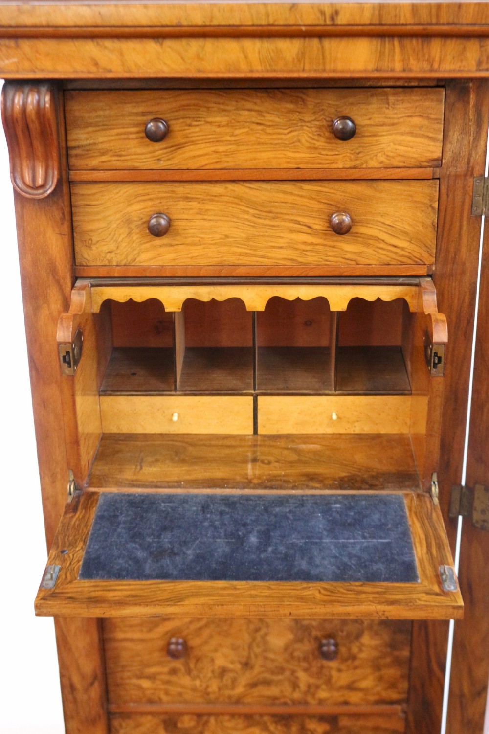 Victorian Figured Walnut Secretaire Wellington Chest View III