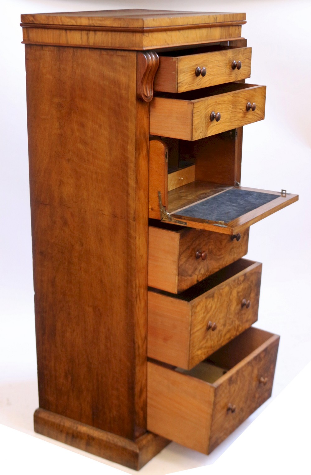 Victorian Figured Walnut Secretaire Wellington Chest View IV