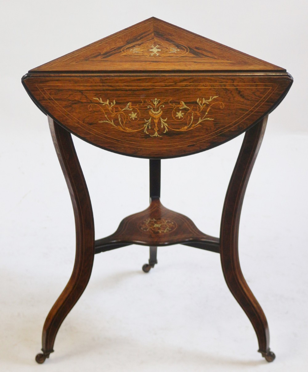 Late 19C Rosewood Inlaid Triangular Dropleaf Occasional Table