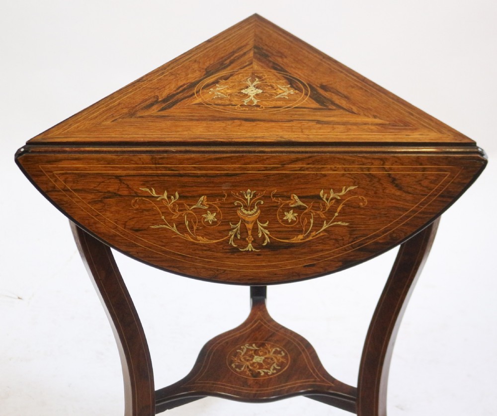 Late 19C Rosewood Inlaid Triangular Dropleaf Occasional Table View III