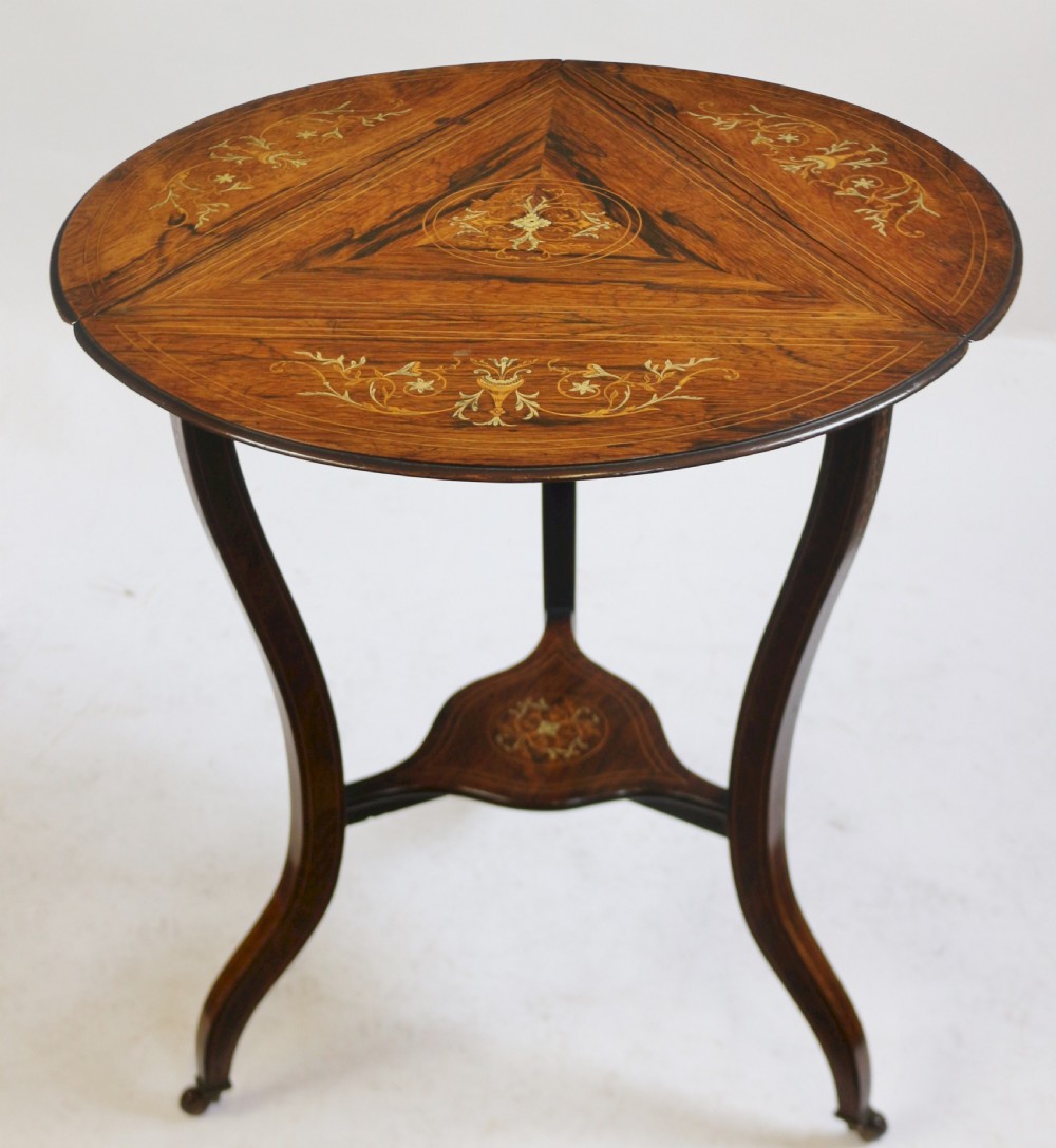 Late 19C Rosewood Inlaid Triangular Dropleaf Occasional Table View IV