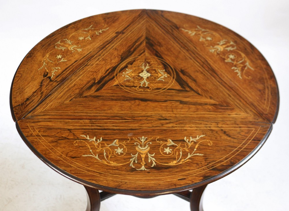 Late 19C Rosewood Inlaid Triangular Dropleaf Occasional Table View V