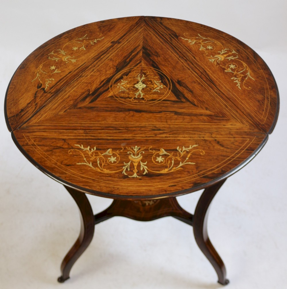 Late 19C Rosewood Inlaid Triangular Dropleaf Occasional Table View VI
