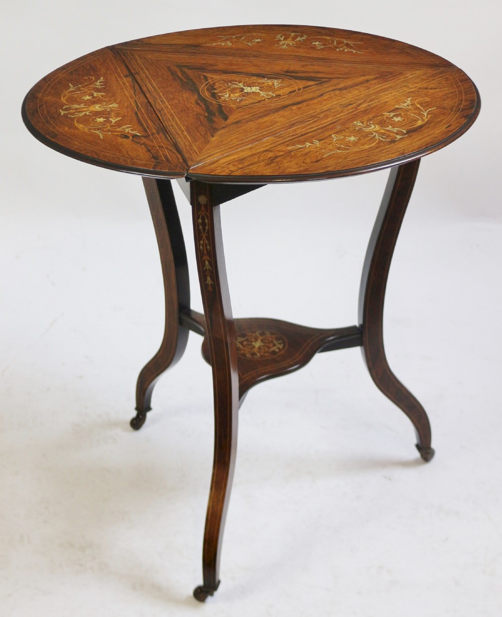 Late 19C Rosewood Inlaid Triangular Dropleaf Occasional Table View VII