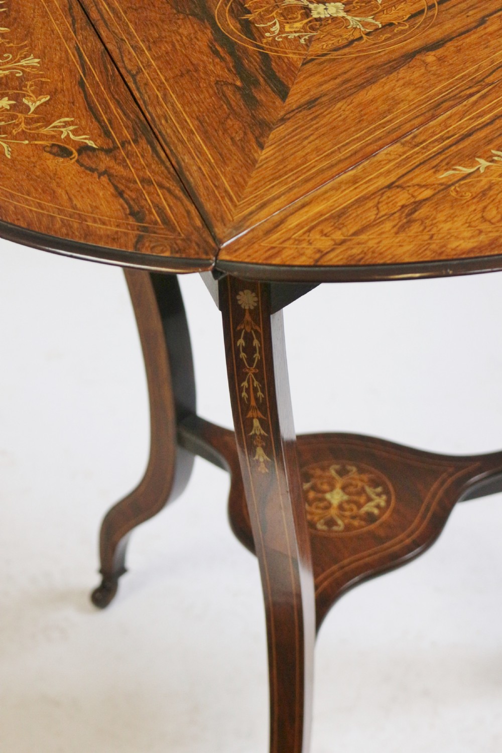 Late 19C Rosewood Inlaid Triangular Dropleaf Occasional Table View X