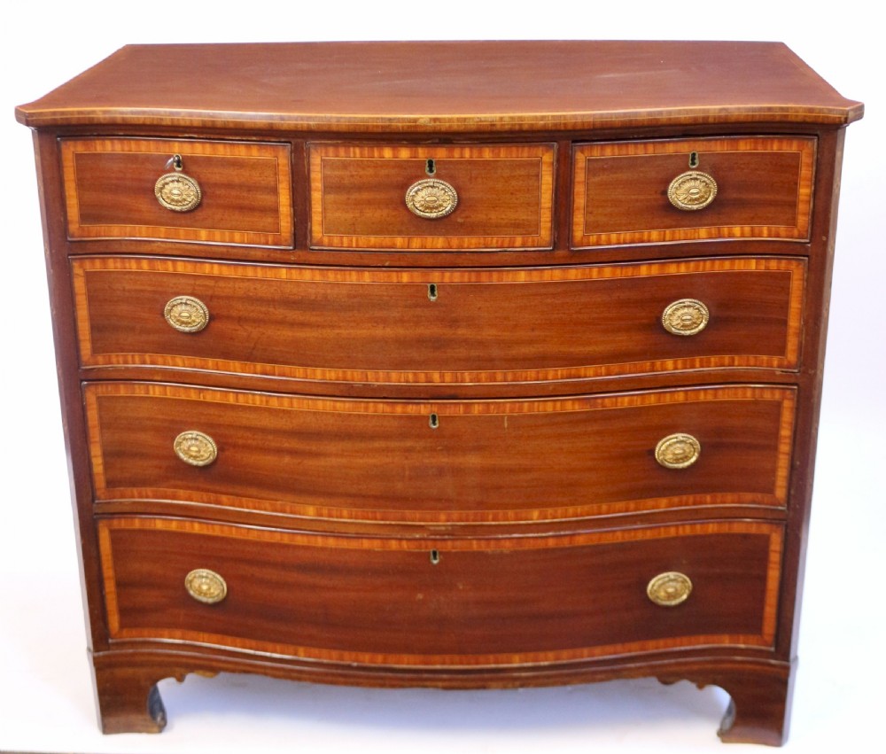 19C Mahogany Satinwood Banded 6 Drawer Serpentine Chest