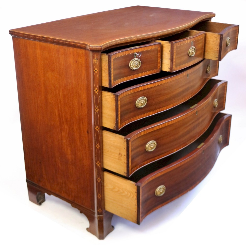 19C Mahogany Satinwood Banded 6 Drawer Serpentine Chest View II