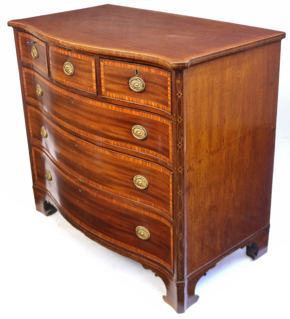 19C Mahogany Satinwood Banded 6 Drawer Serpentine Chest View III