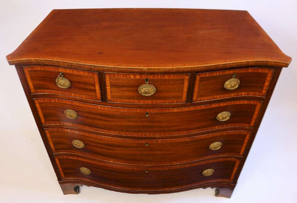 19C Mahogany Satinwood Banded 6 Drawer Serpentine Chest View IV