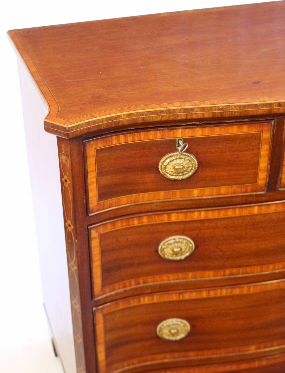 19C Mahogany Satinwood Banded 6 Drawer Serpentine Chest View V