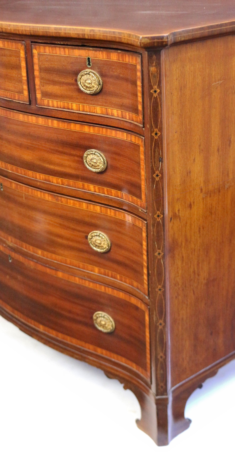 19C Mahogany Satinwood Banded 6 Drawer Serpentine Chest View VIII