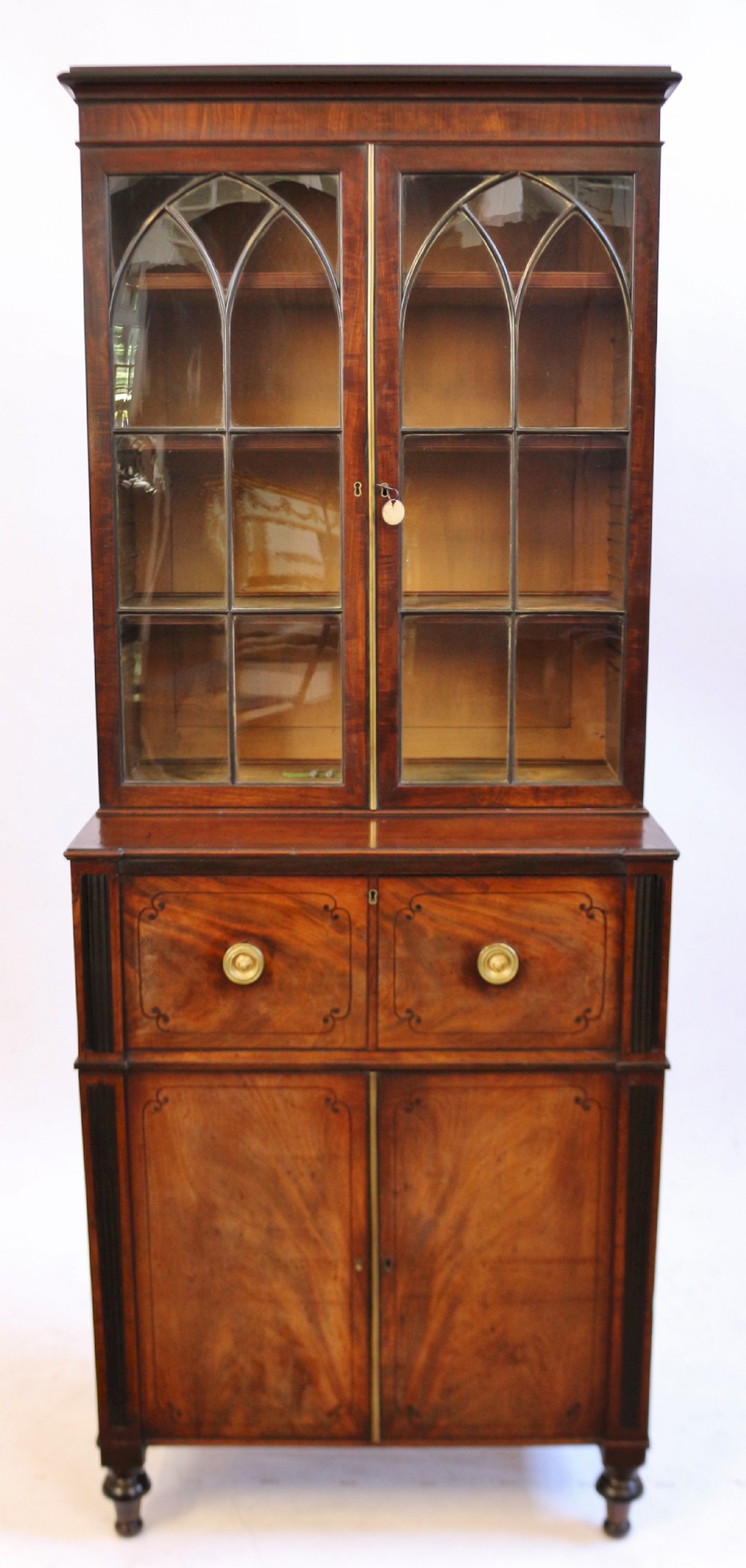 Fine Regency Mahogany Ebony Inlaid Small Secretaire Bookcase