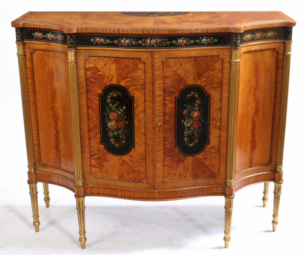 Edwardian Satinwood Serpentine 2 Door Side Cabinet with Painted Decoration