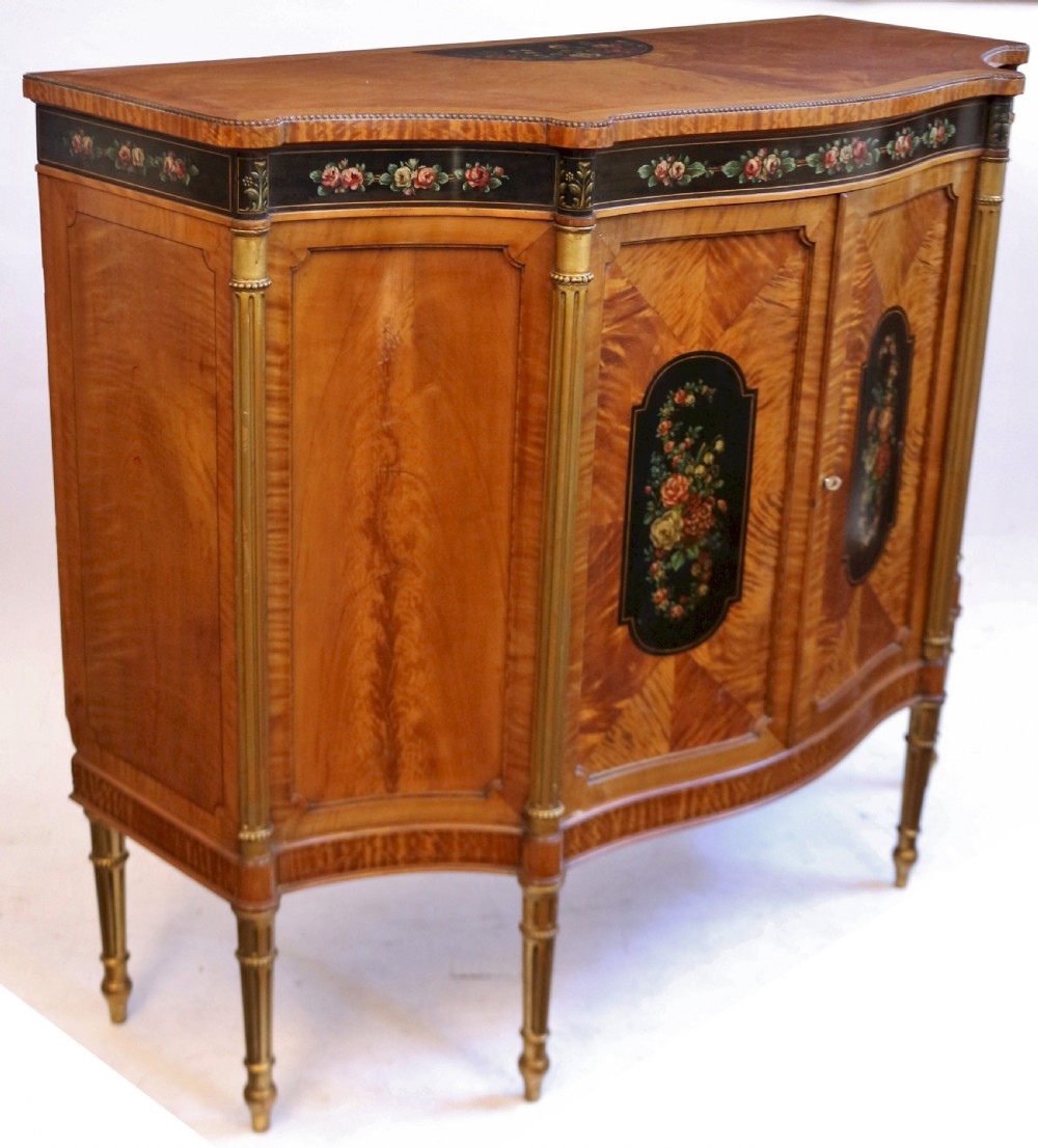 Edwardian Satinwood Serpentine 2 Door Side Cabinet with Painted Decoration View II