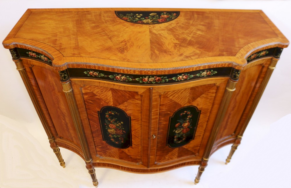 Edwardian Satinwood Serpentine 2 Door Side Cabinet with Painted Decoration View III