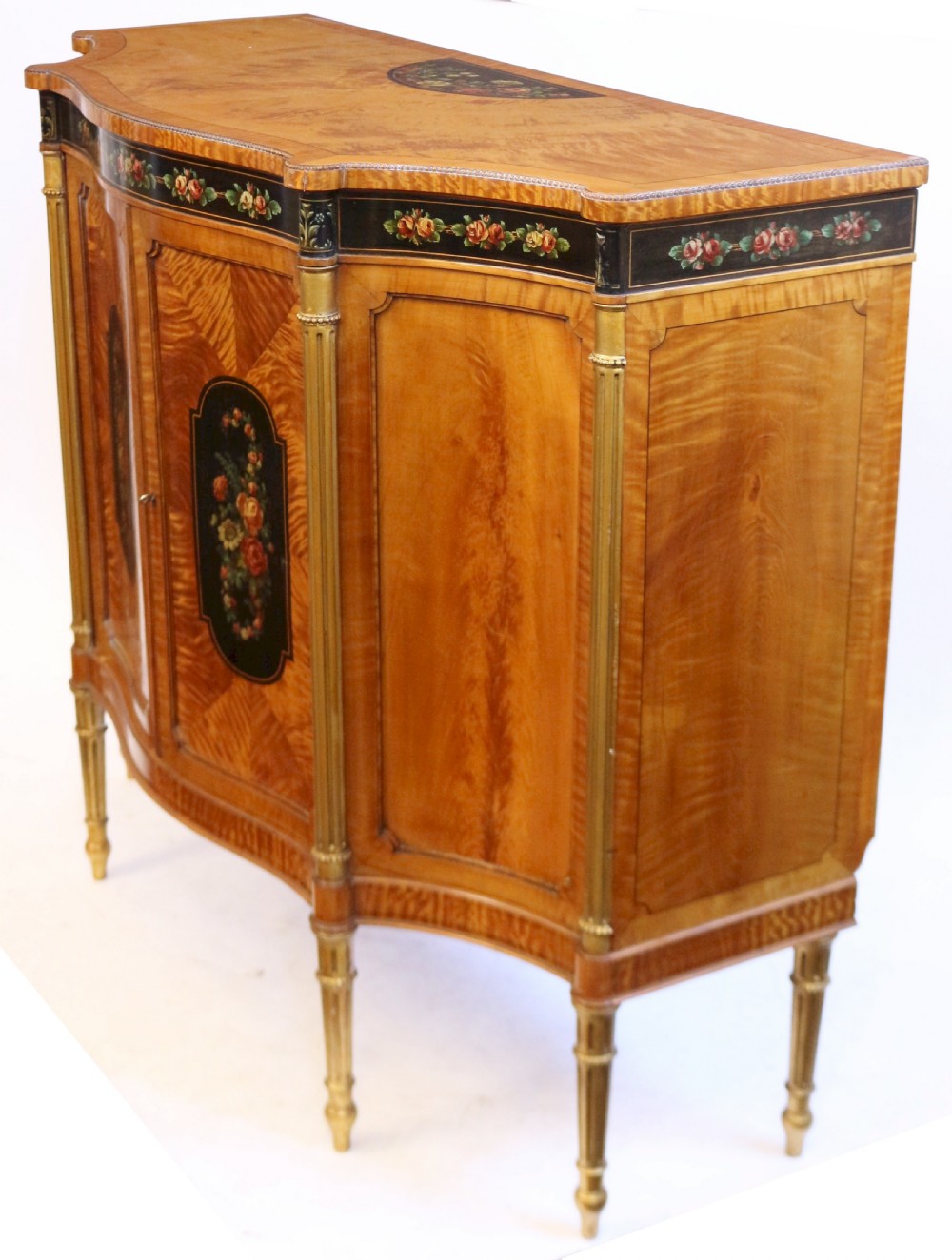 Edwardian Satinwood Serpentine 2 Door Side Cabinet with Painted Decoration View IV