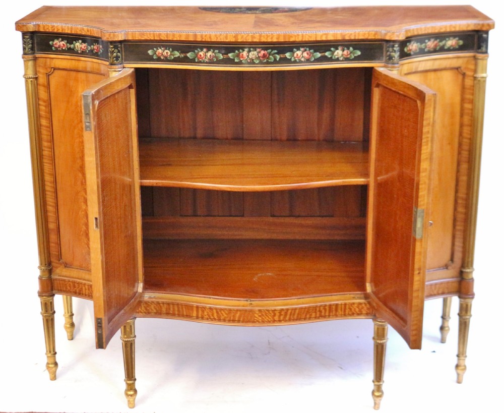 Edwardian Satinwood Serpentine 2 Door Side Cabinet with Painted Decoration View V