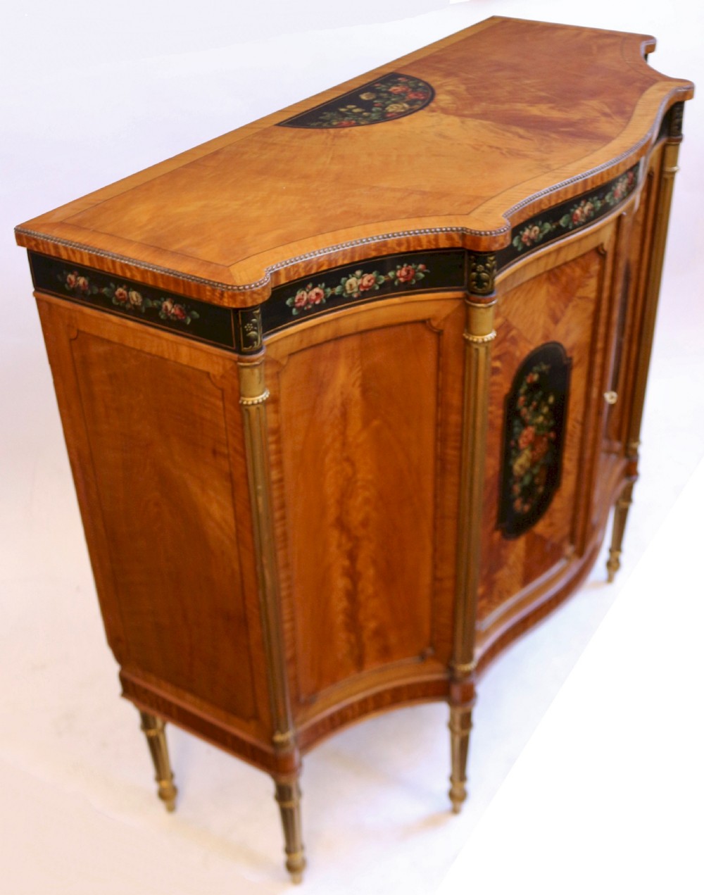 Edwardian Satinwood Serpentine 2 Door Side Cabinet with Painted Decoration View VI